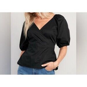 Old Navy Puff Sleeve Smocked Wrap Blouse Womens Medium Black V-Neck Top